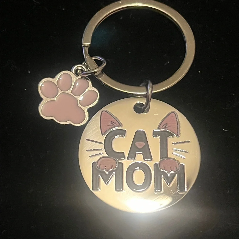Cat Mom Keychain with Pink Paw Charm - Gold Tone